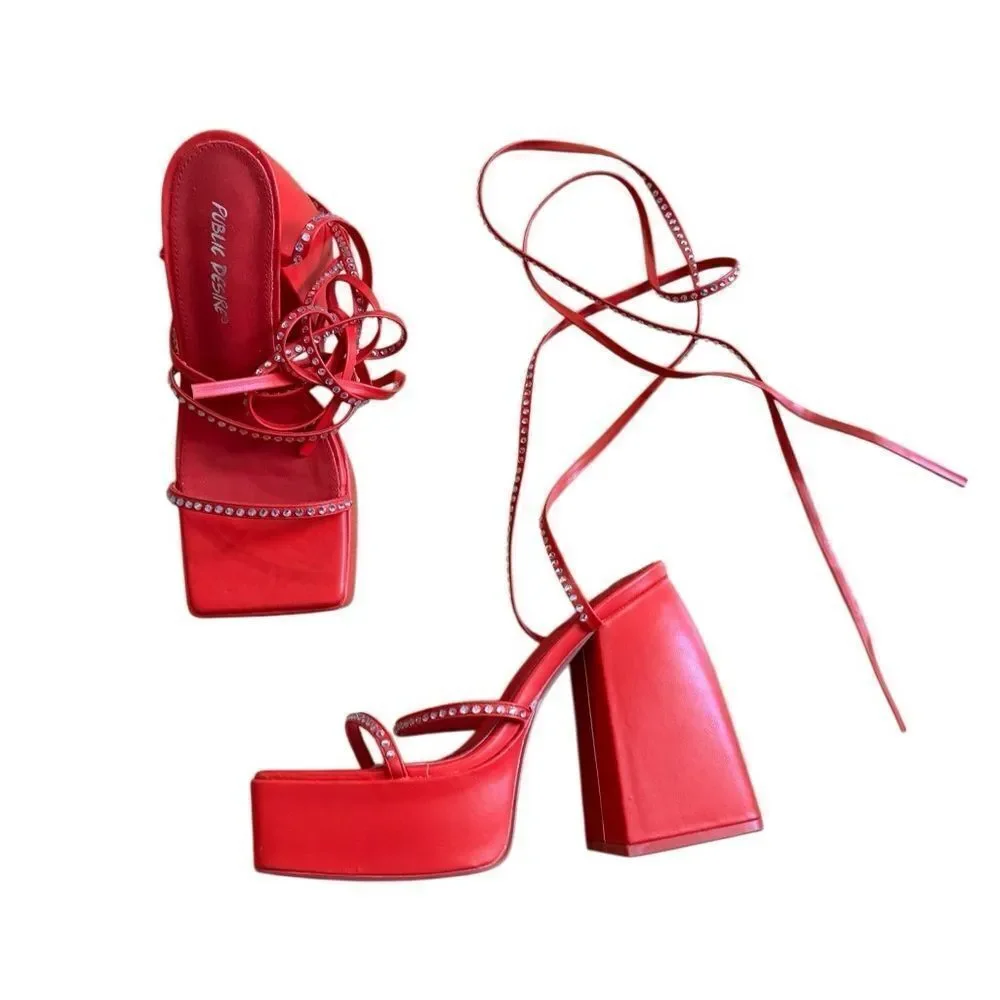 Dolls Kill Public Desire Women's Red Lace Up Rhinestone Platform Heels Size 7